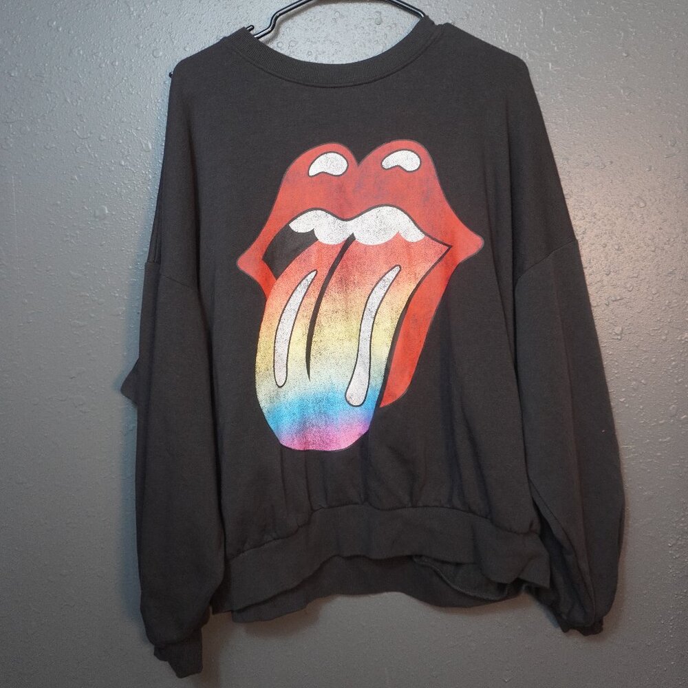 H&M Rolling Stones Womens Black Rainbow Tongue Logo Oversized Sweatshirt Medium